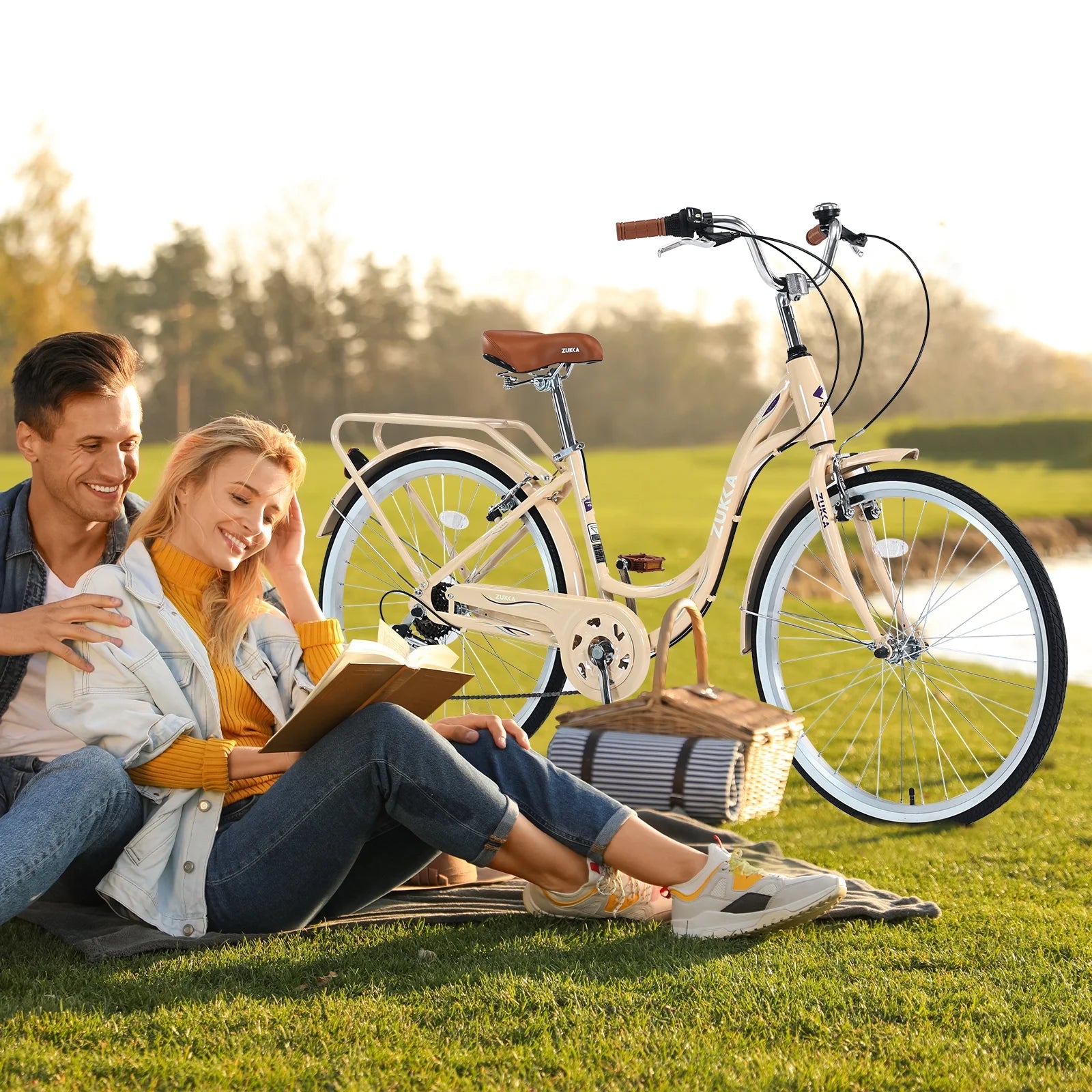 Aukfa 26" Cruiser Bike, 7 Speed Bicycle Hybrid Bikes for Women Girls Ladies, Arctic