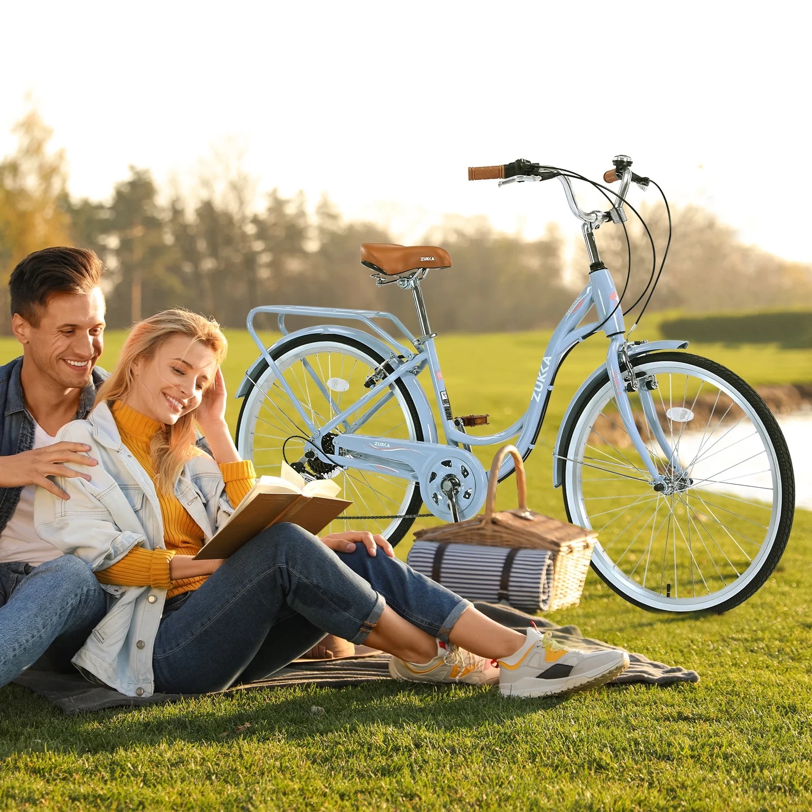 Aukfa 26" Cruiser Bike, 7 Speed Bicycle Hybrid Bikes for Women Girls Ladies, Arctic