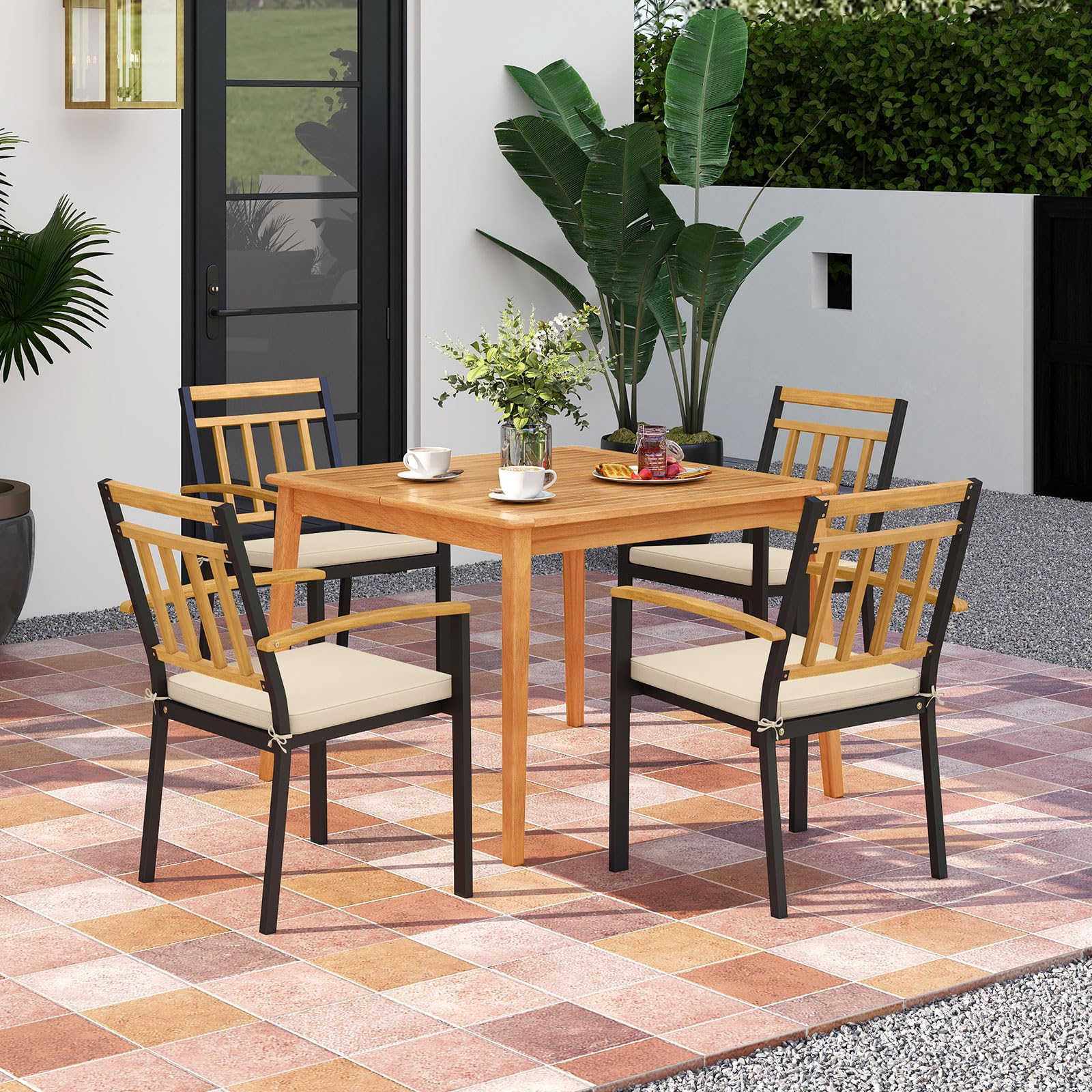 Tangkula 5 Piece Patio Wood Dining Set for Front Porch Yard Balcony and Poolside