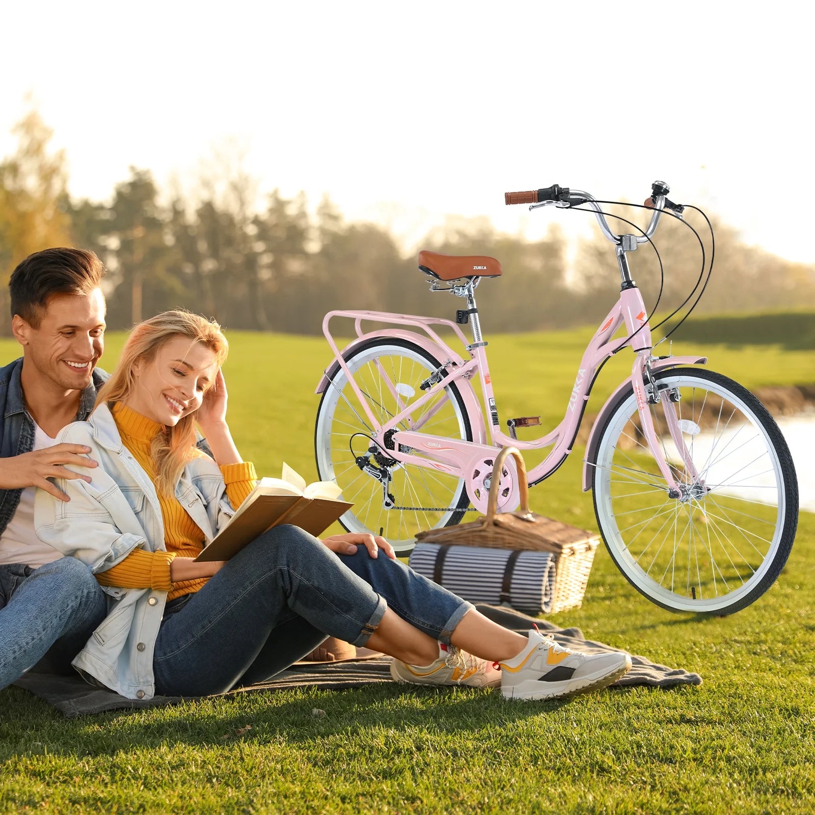 Aukfa 26" Cruiser Bike, 7 Speed Bicycle Hybrid Bikes for Women Girls Ladies, Arctic