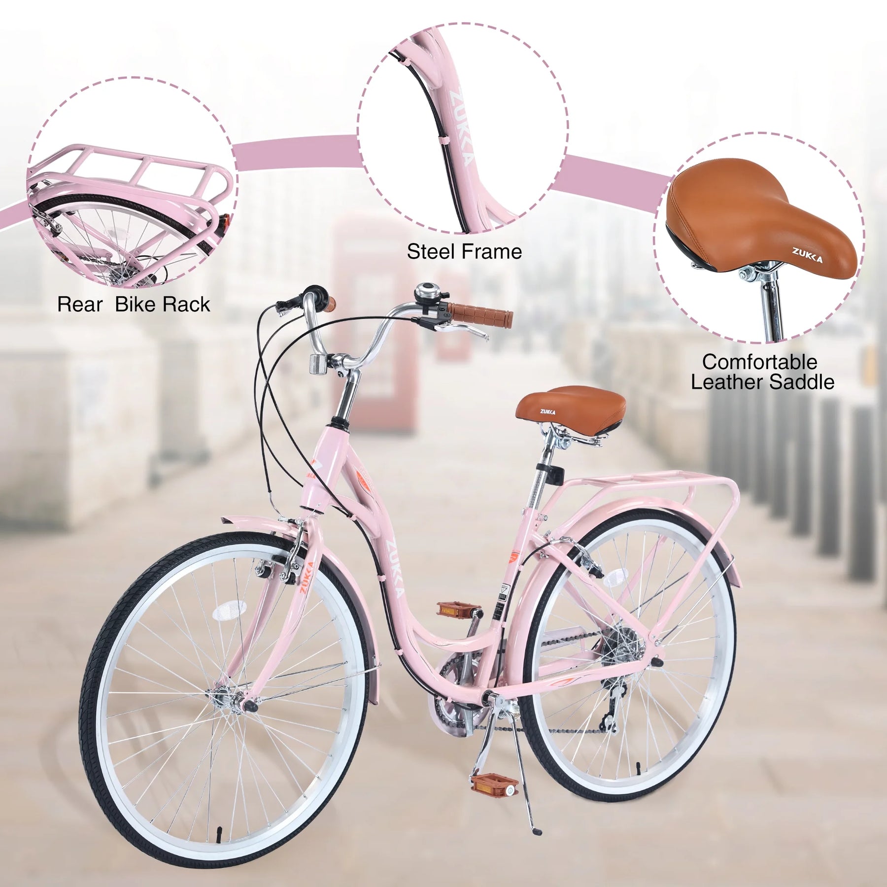 Aukfa 26" Cruiser Bike, 7 Speed Bicycle Hybrid Bikes for Women Girls Ladies, Arctic