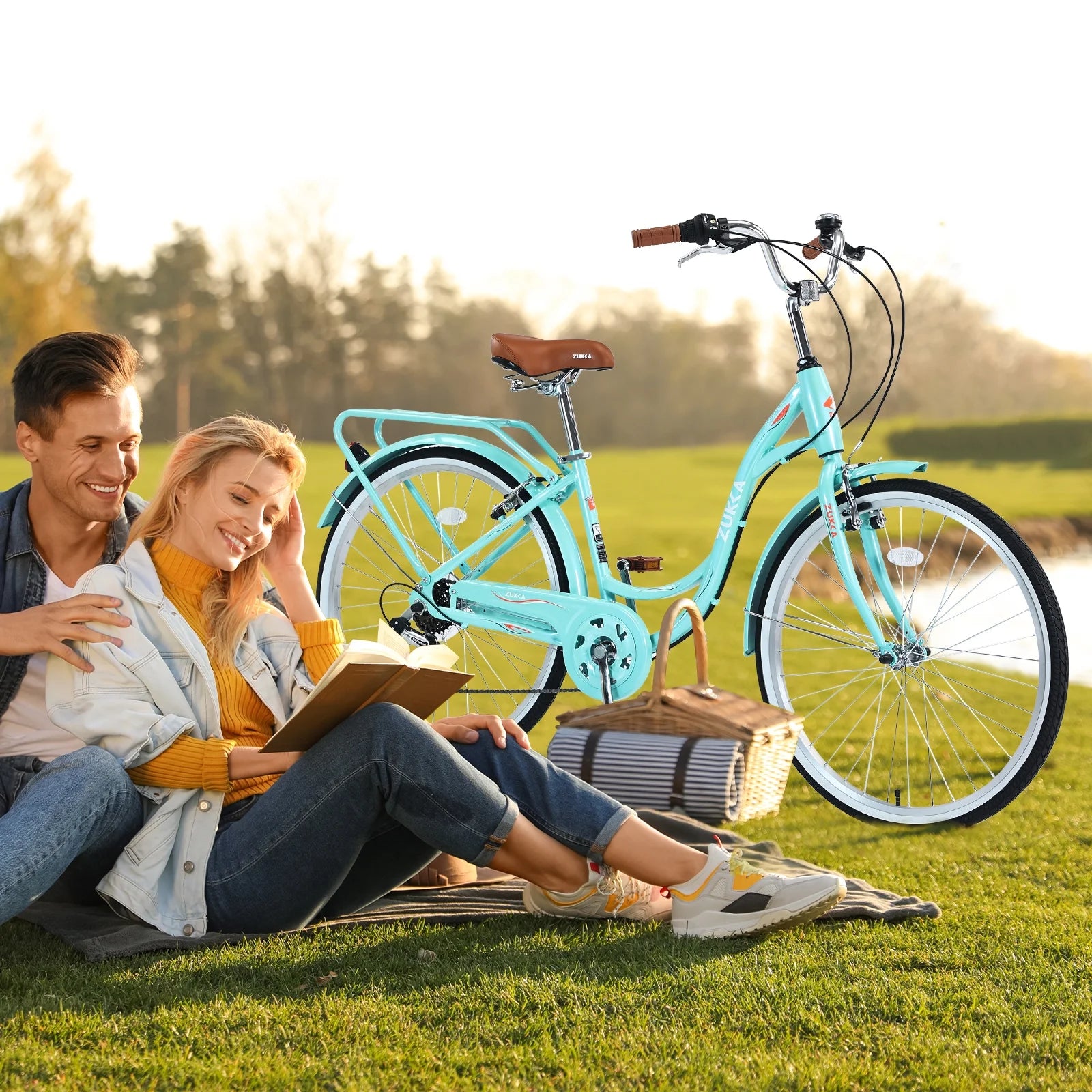 Aukfa 26" Cruiser Bike, 7 Speed Bicycle Hybrid Bikes for Women Girls Ladies, Arctic