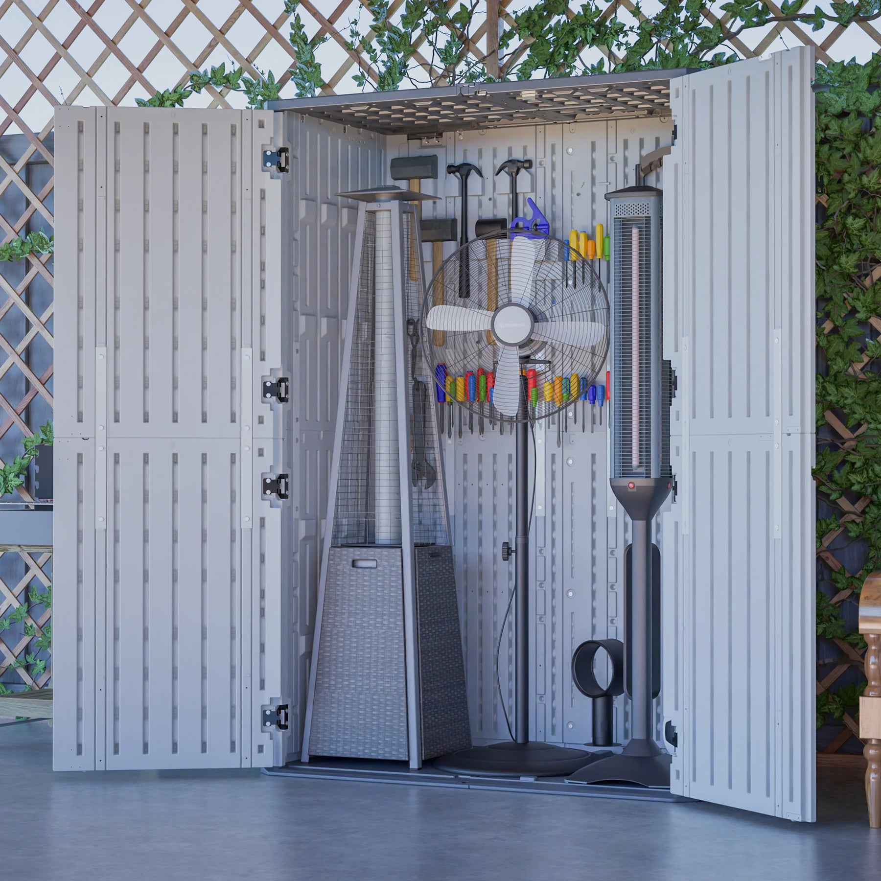 AECOJOY 61.6 Cu.ft Outdoor Resin Storage Shed with Easy Lift Hinges, Weatherproof Tall Unit with 4 Doors